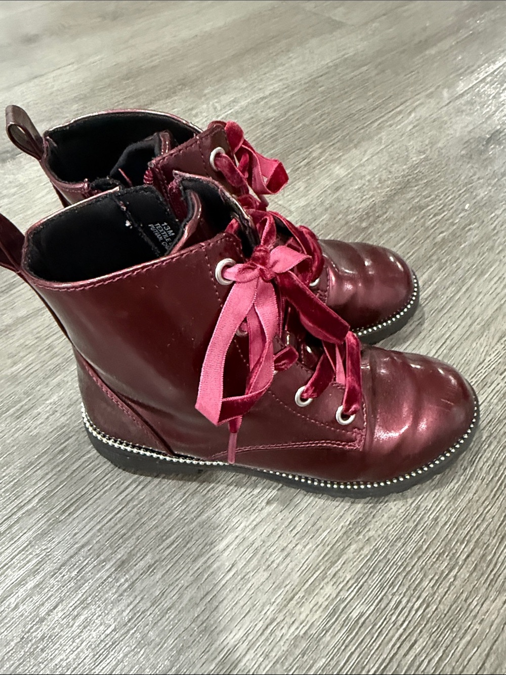 Girls' Wine Red Ankle Boots with Ribbon Laces
